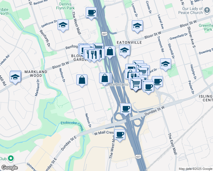 map of restaurants, bars, coffee shops, grocery stores, and more near in Toronto