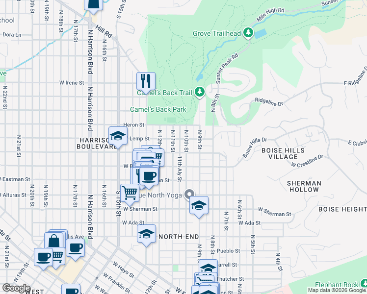 map of restaurants, bars, coffee shops, grocery stores, and more near 1008 West Ridenbaugh Street in Boise