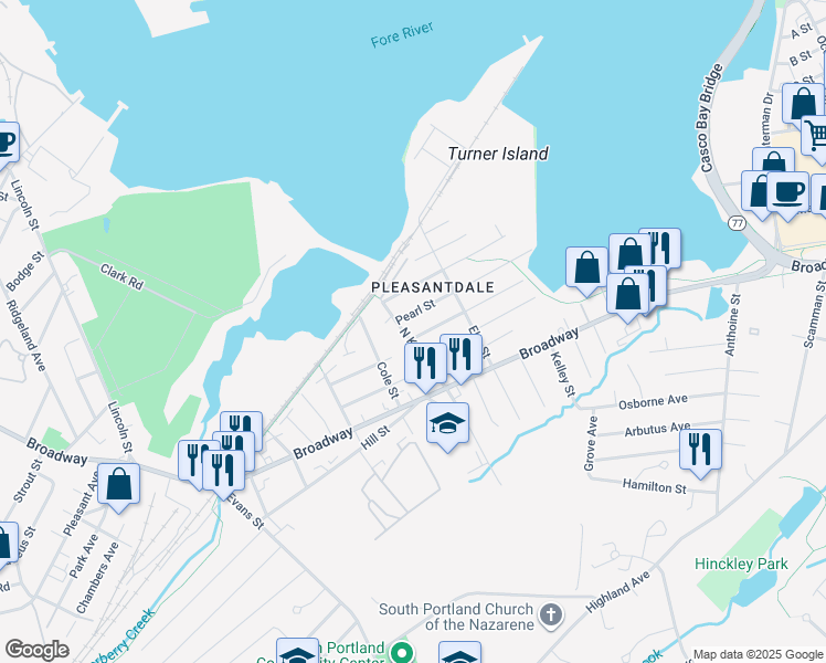 map of restaurants, bars, coffee shops, grocery stores, and more near 49 North Kelsey Street in South Portland