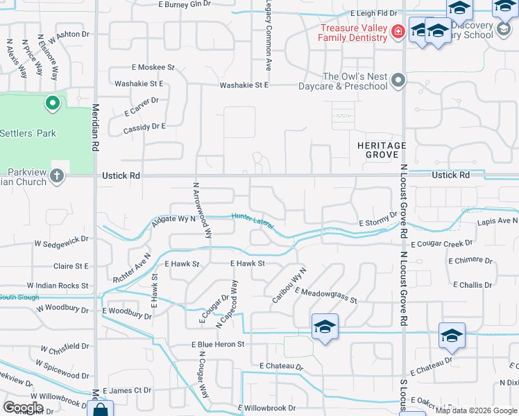 map of restaurants, bars, coffee shops, grocery stores, and more near 869 East Stormy Drive in Meridian