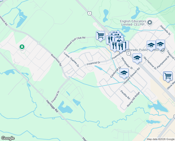 map of restaurants, bars, coffee shops, grocery stores, and more near 20 Knotsberry Circle in Brampton