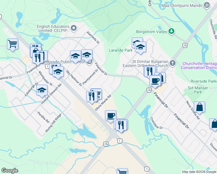 map of restaurants, bars, coffee shops, grocery stores, and more near 18 Kawana Road in Brampton