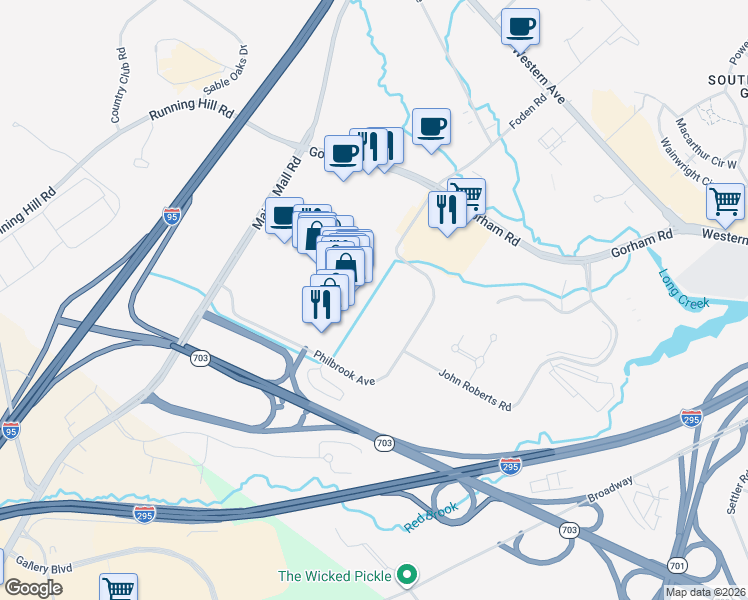 map of restaurants, bars, coffee shops, grocery stores, and more near 700 Maine Mall Road in South Portland