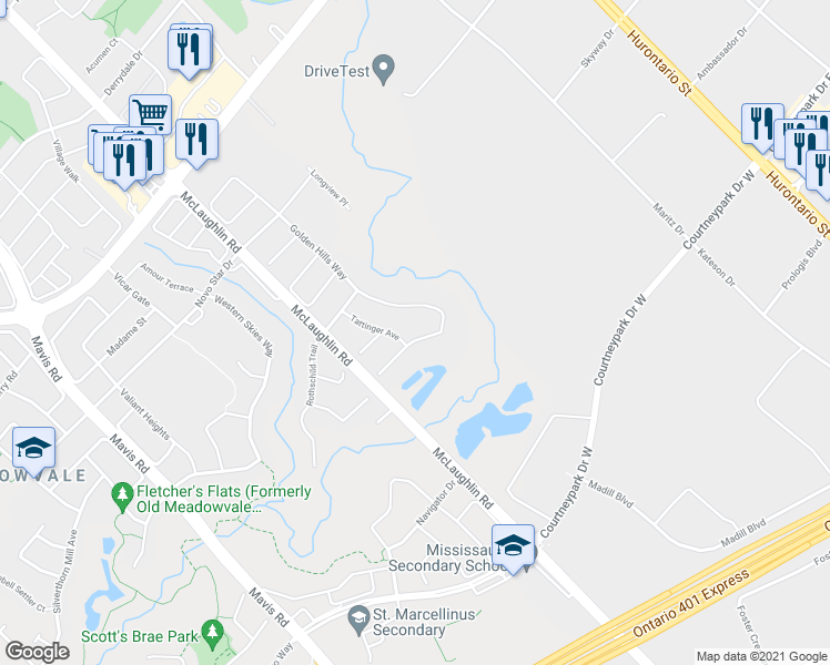 map of restaurants, bars, coffee shops, grocery stores, and more near 6722 Golden Hills Way in Mississauga