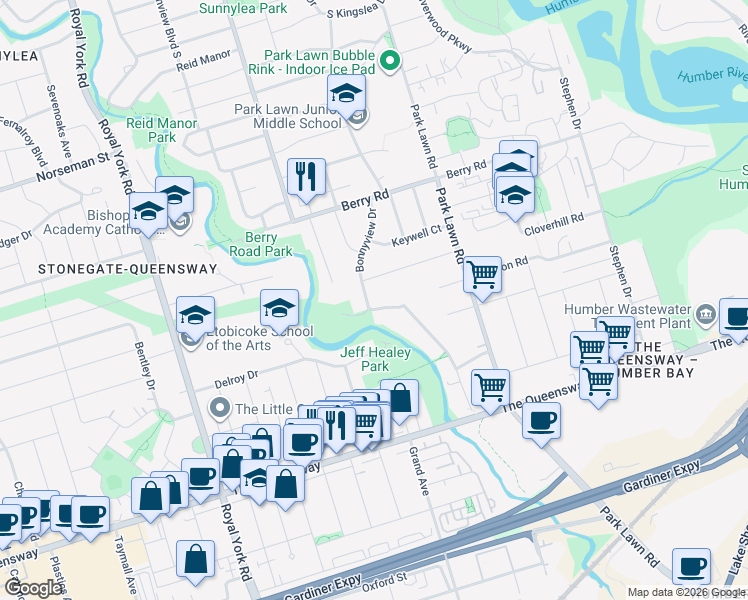 map of restaurants, bars, coffee shops, grocery stores, and more near 85 Bonnyview Drive in Toronto