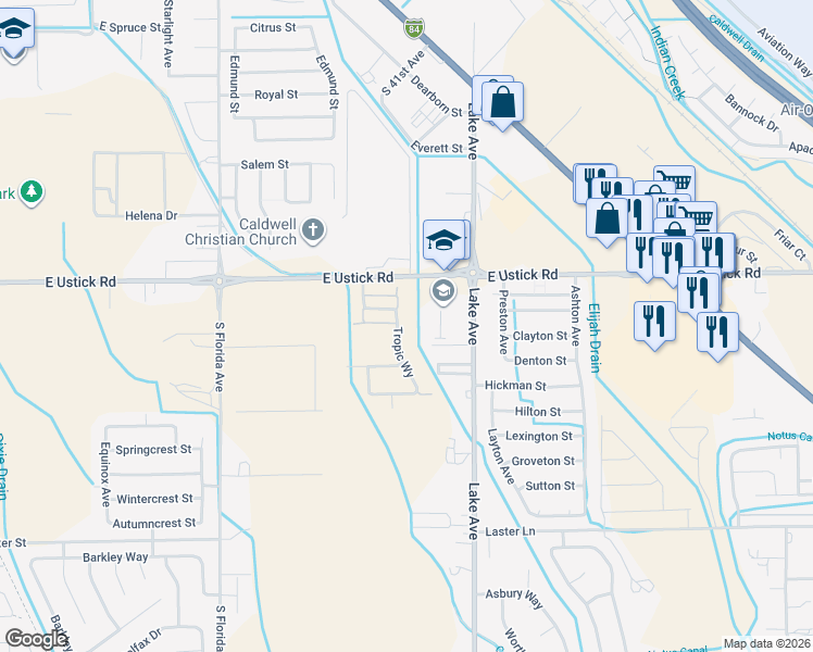 map of restaurants, bars, coffee shops, grocery stores, and more near 4310 South Lake Avenue in Caldwell