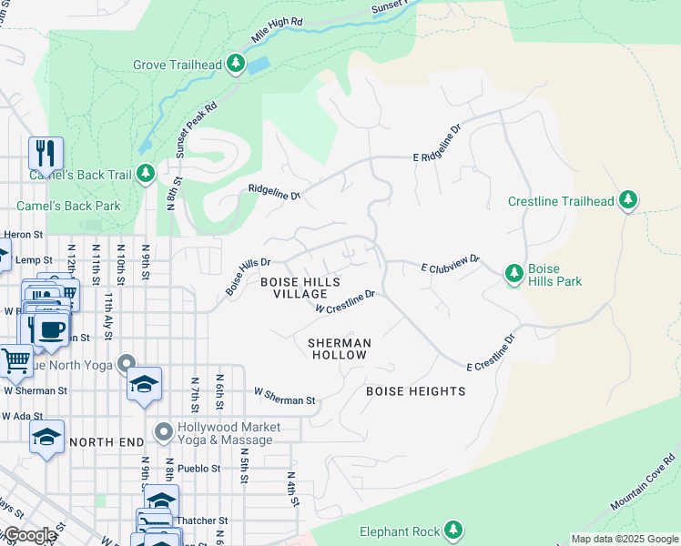 map of restaurants, bars, coffee shops, grocery stores, and more near 700 Village Lane in Boise
