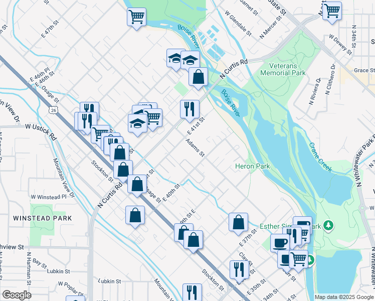 map of restaurants, bars, coffee shops, grocery stores, and more near 305 East 41st Street in Boise