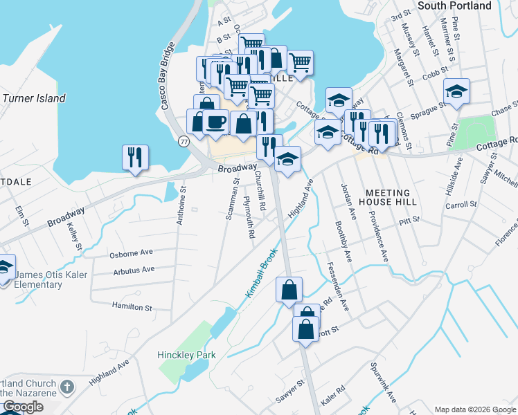 map of restaurants, bars, coffee shops, grocery stores, and more near 10 Derby Road in South Portland