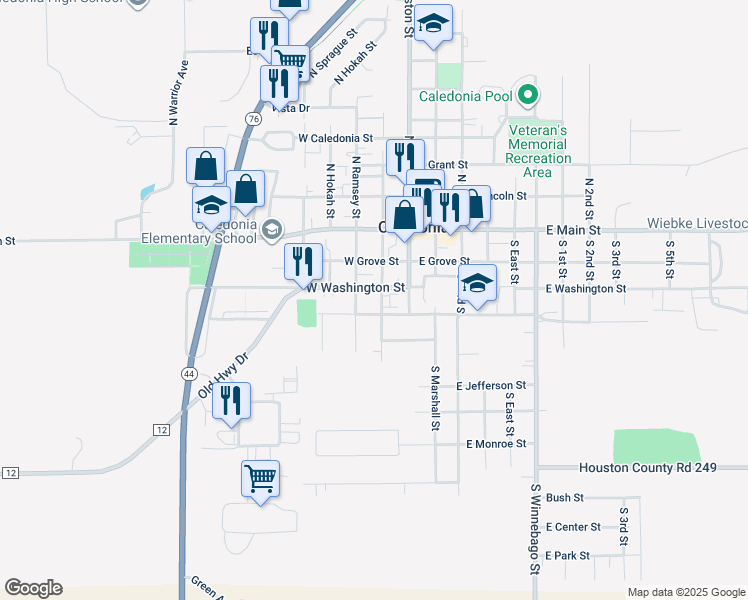 map of restaurants, bars, coffee shops, grocery stores, and more near 205 West South Street in Caledonia