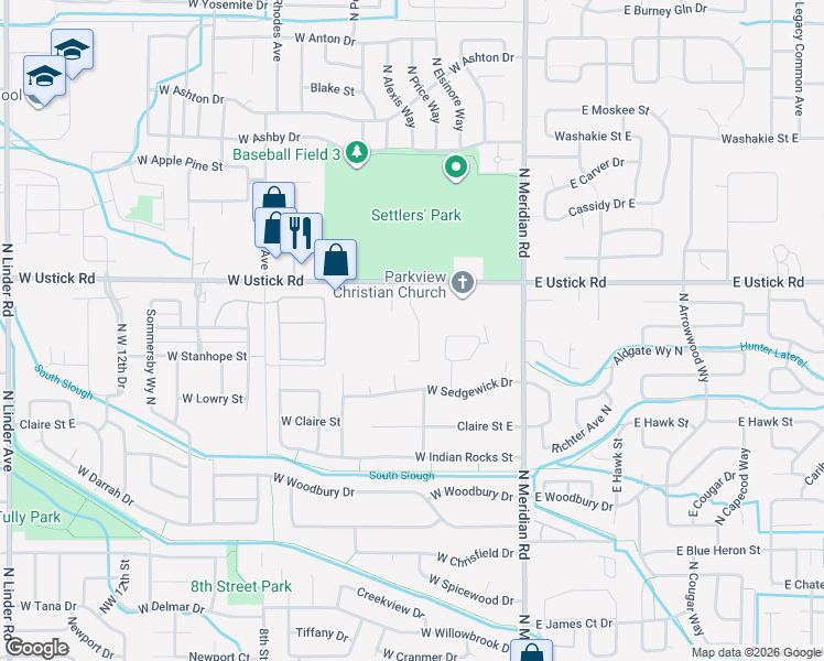 map of restaurants, bars, coffee shops, grocery stores, and more near 2967 Northwest 3rd Street in Meridian