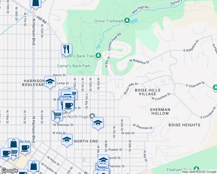 map of restaurants, bars, coffee shops, grocery stores, and more near 738 West Ridenbaugh Street in Boise