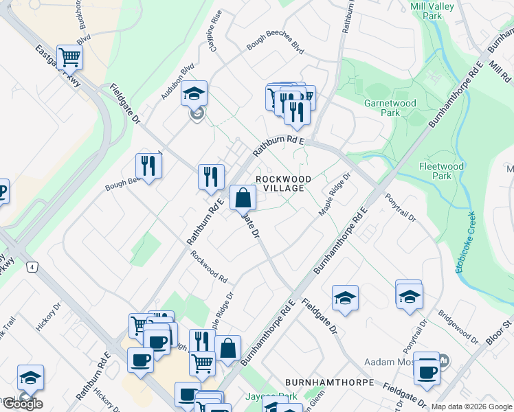 map of restaurants, bars, coffee shops, grocery stores, and more near 4165 Fieldgate Drive in Mississauga