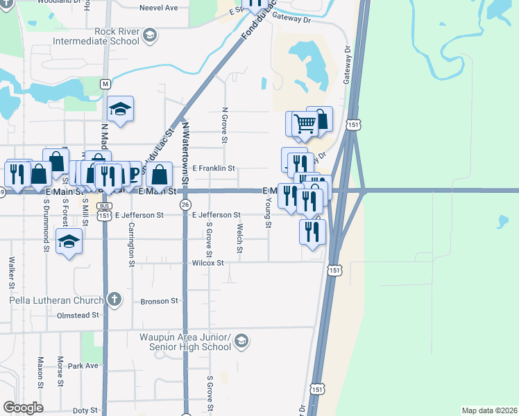 map of restaurants, bars, coffee shops, grocery stores, and more near 815 East Jefferson Street in Waupun