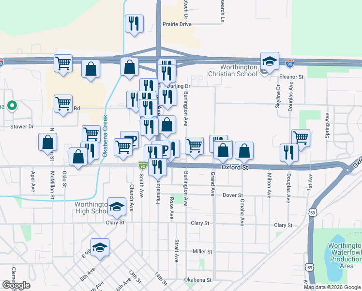 map of restaurants, bars, coffee shops, grocery stores, and more near 1433 Oxford Street in Worthington