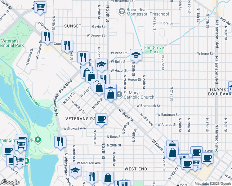 map of restaurants, bars, coffee shops, grocery stores, and more near 2629 Ellis Avenue in Boise