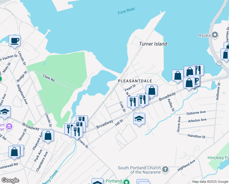 map of restaurants, bars, coffee shops, grocery stores, and more near 9 Cole Street in South Portland