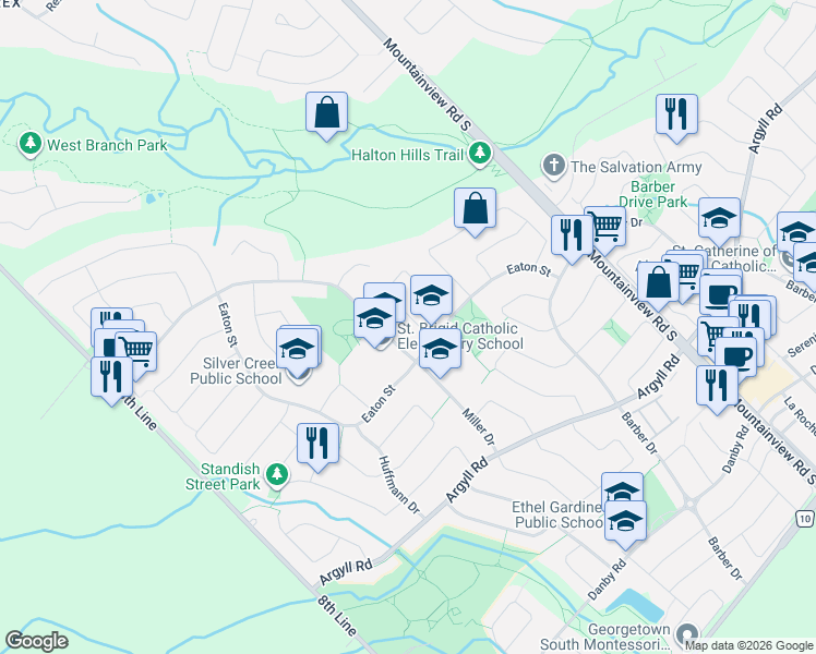 map of restaurants, bars, coffee shops, grocery stores, and more near 70 Curry Crescent in Halton Hills