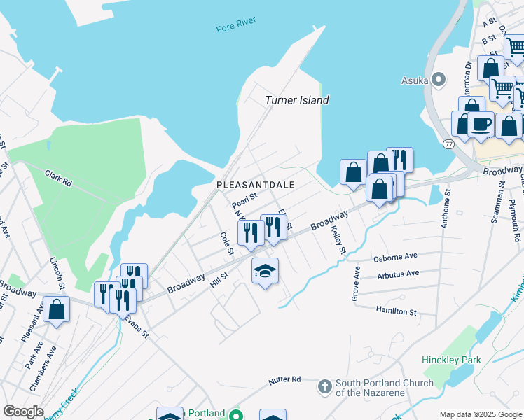map of restaurants, bars, coffee shops, grocery stores, and more near 94 Chapel Street in South Portland