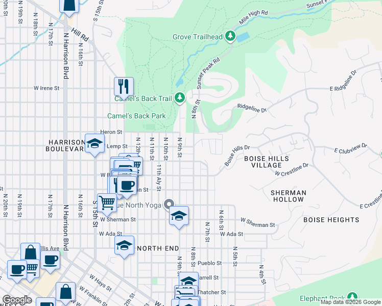 map of restaurants, bars, coffee shops, grocery stores, and more near 738 West Ridenbaugh Street in Boise