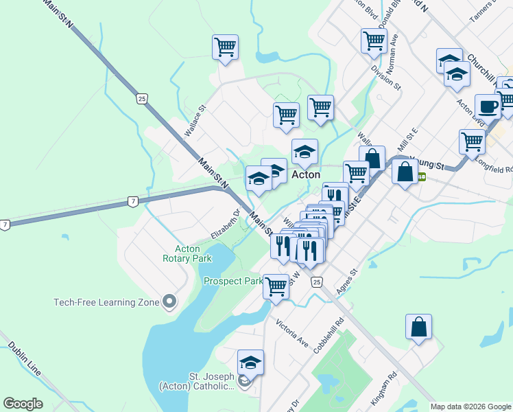 map of restaurants, bars, coffee shops, grocery stores, and more near 7 School Lane in Acton