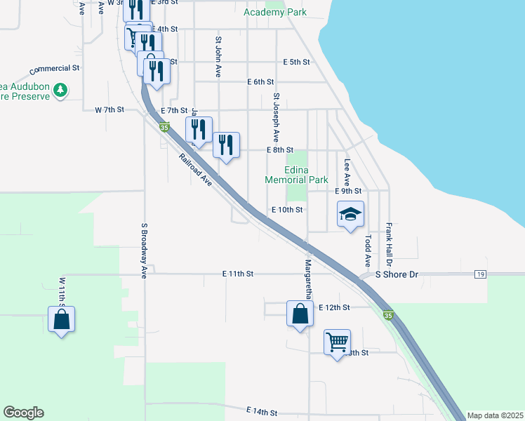 map of restaurants, bars, coffee shops, grocery stores, and more near 1617 Southeast Broadway Avenue in Albert Lea