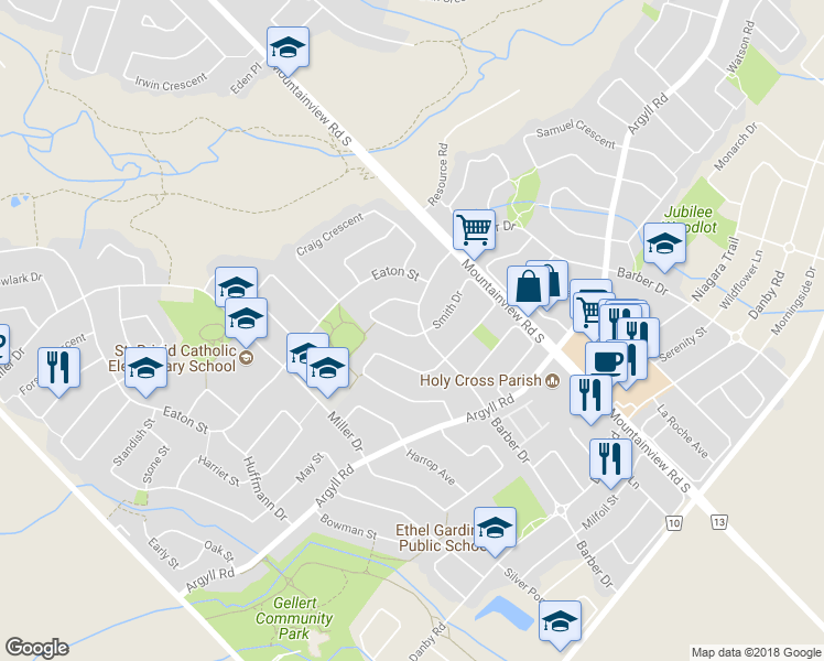 map of restaurants, bars, coffee shops, grocery stores, and more near 205 Barber Drive in Halton Hills