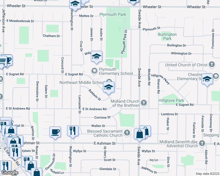 map of restaurants, bars, coffee shops, grocery stores, and more near 1305 East Sugnet Road in Midland