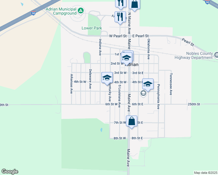 map of restaurants, bars, coffee shops, grocery stores, and more near 415 Kentucky Avenue in Adrian