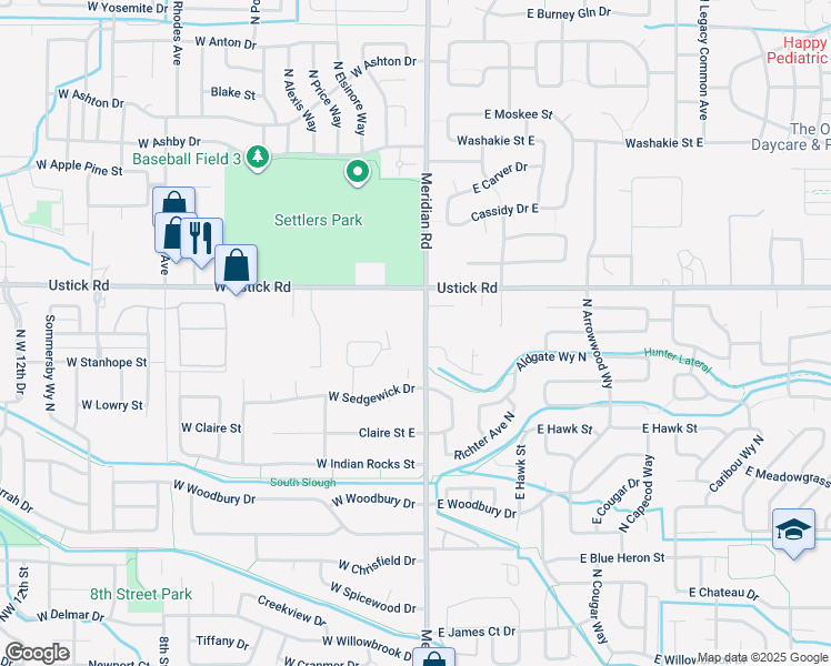 map of restaurants, bars, coffee shops, grocery stores, and more near 2985 North Meridian Road in Meridian