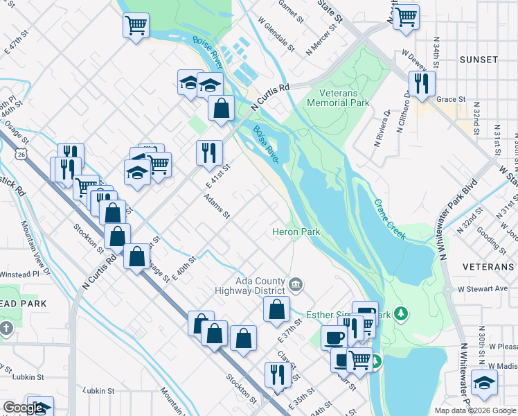 map of restaurants, bars, coffee shops, grocery stores, and more near 3972 North Adams Street in Boise
