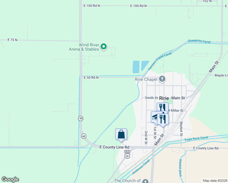 map of restaurants, bars, coffee shops, grocery stores, and more near 4602 East 50 North in Rigby