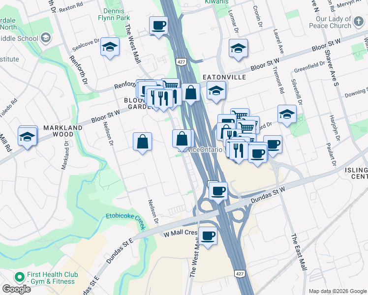 map of restaurants, bars, coffee shops, grocery stores, and more near in Toronto