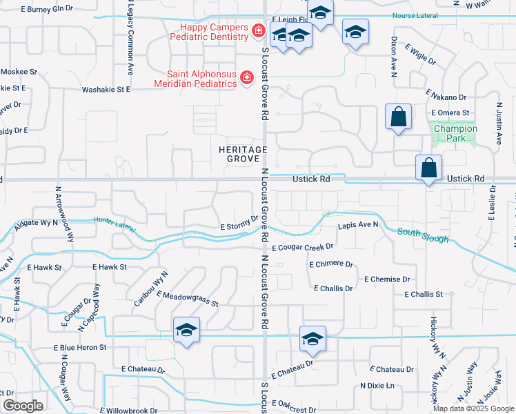 map of restaurants, bars, coffee shops, grocery stores, and more near 1579 East Stormy Drive in Meridian