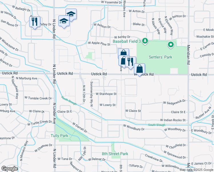 map of restaurants, bars, coffee shops, grocery stores, and more near 992 West Stanhope Street in Meridian