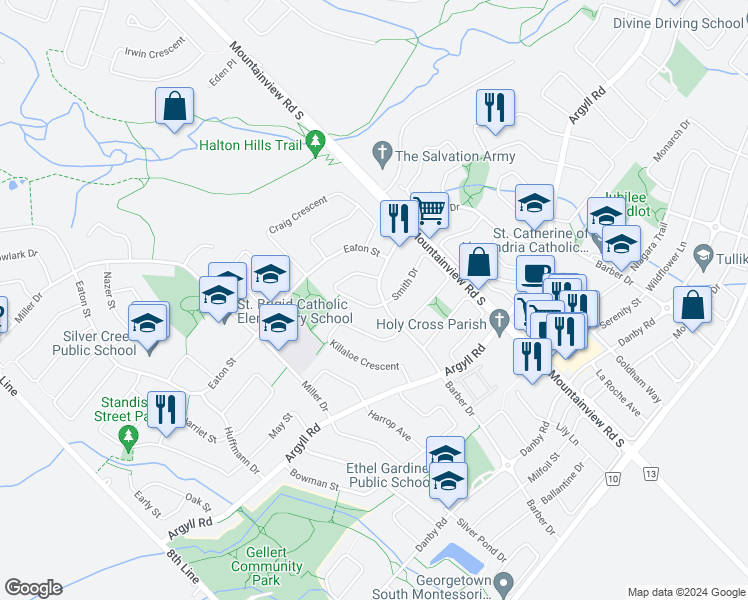 map of restaurants, bars, coffee shops, grocery stores, and more near 2 Roane Avenue in Halton Hills