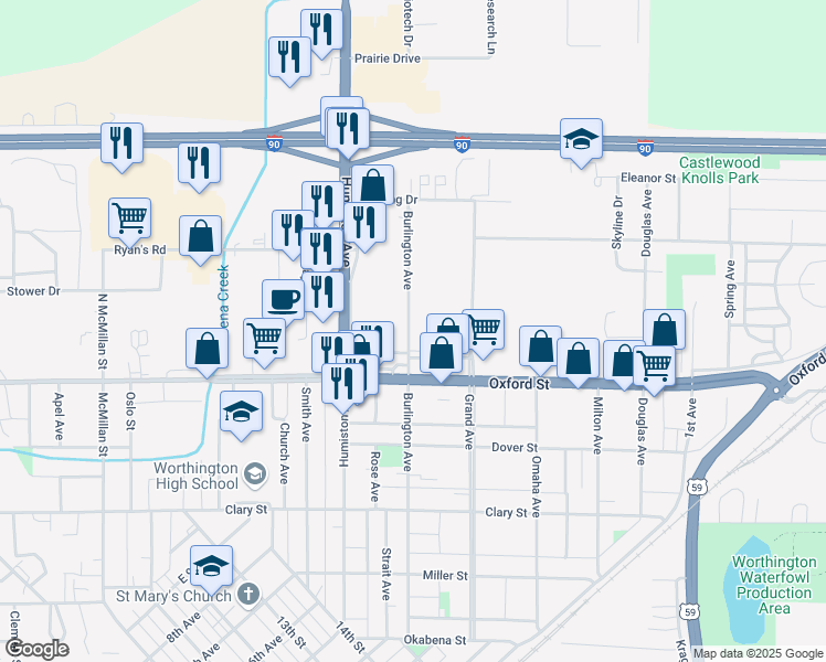 map of restaurants, bars, coffee shops, grocery stores, and more near 1456 Burlington Avenue in Worthington