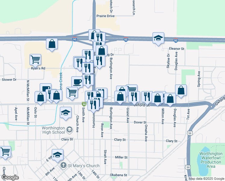 map of restaurants, bars, coffee shops, grocery stores, and more near 1456 Burlington Avenue in Worthington