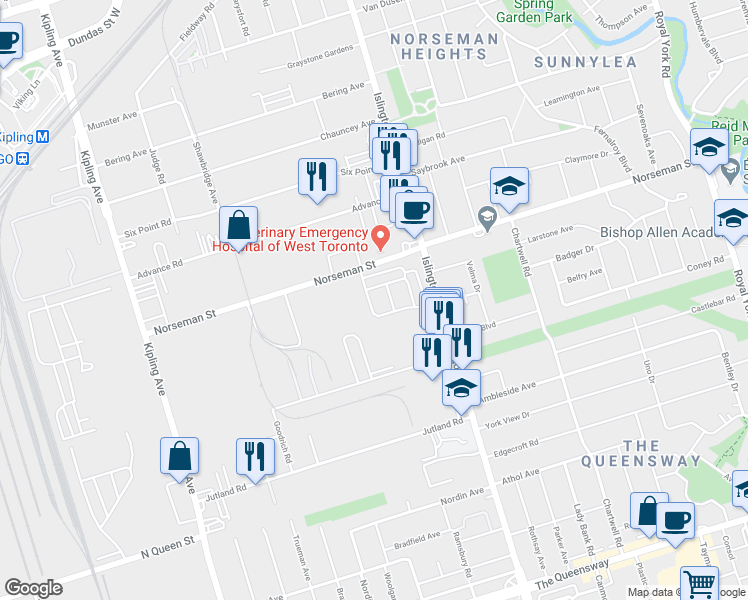 map of restaurants, bars, coffee shops, grocery stores, and more near 132 Thomas Fisher Drive in Toronto