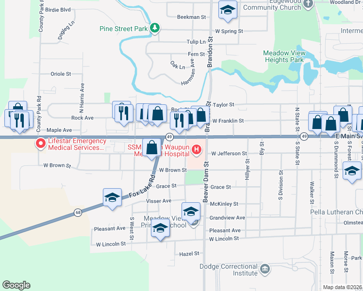 map of restaurants, bars, coffee shops, grocery stores, and more near 709 West Jefferson Street in Waupun