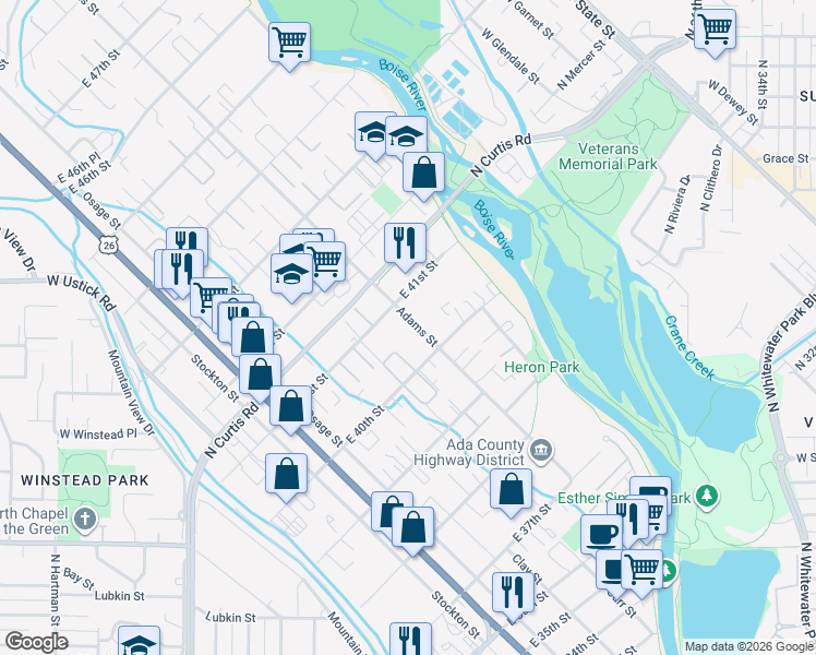 map of restaurants, bars, coffee shops, grocery stores, and more near 305 East 41st Street in Boise