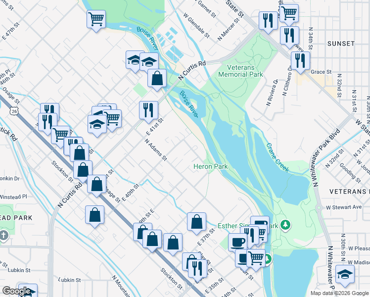 map of restaurants, bars, coffee shops, grocery stores, and more near 3929 Reed Street in Boise