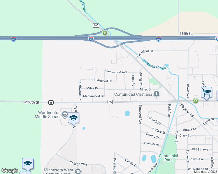 map of restaurants, bars, coffee shops, grocery stores, and more near 957 Miles Drive in Worthington