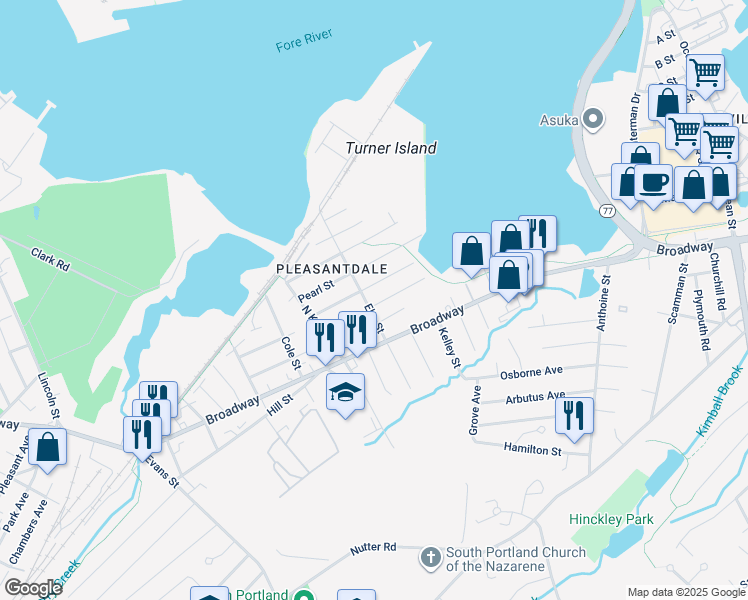 map of restaurants, bars, coffee shops, grocery stores, and more near 184 Elm Street in South Portland