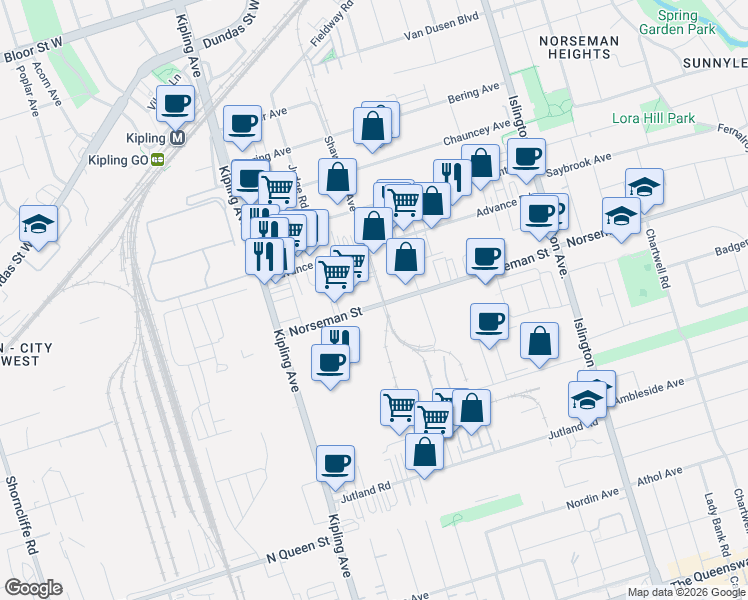 map of restaurants, bars, coffee shops, grocery stores, and more near 214 Norseman Street in Toronto