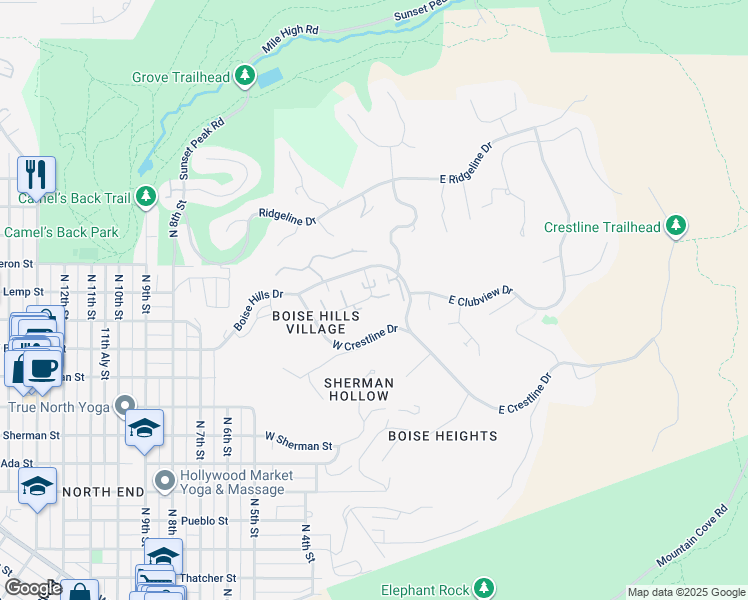 map of restaurants, bars, coffee shops, grocery stores, and more near 122 West Crestline Drive in Boise