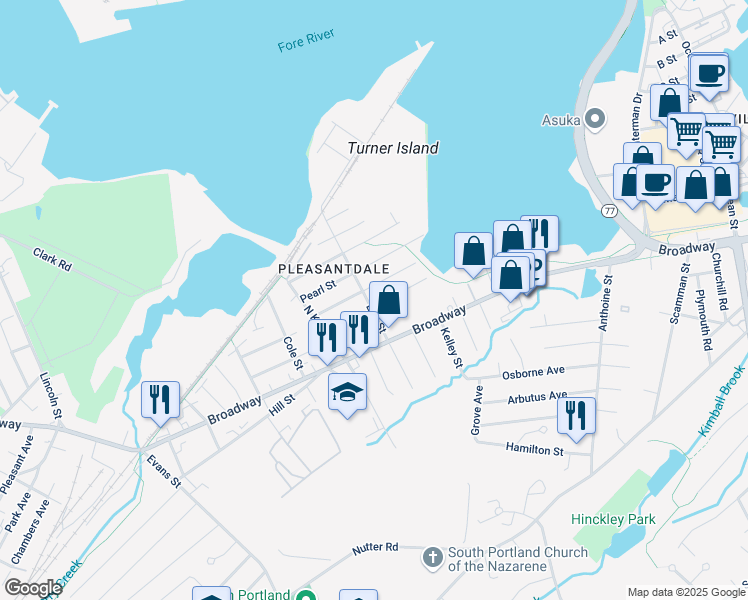 map of restaurants, bars, coffee shops, grocery stores, and more near 200 Elm Street in South Portland