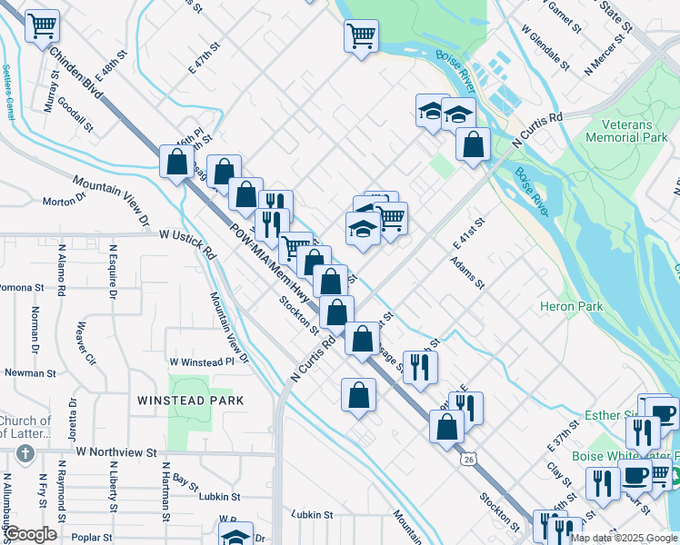 map of restaurants, bars, coffee shops, grocery stores, and more near 116 East 42nd Street in Boise