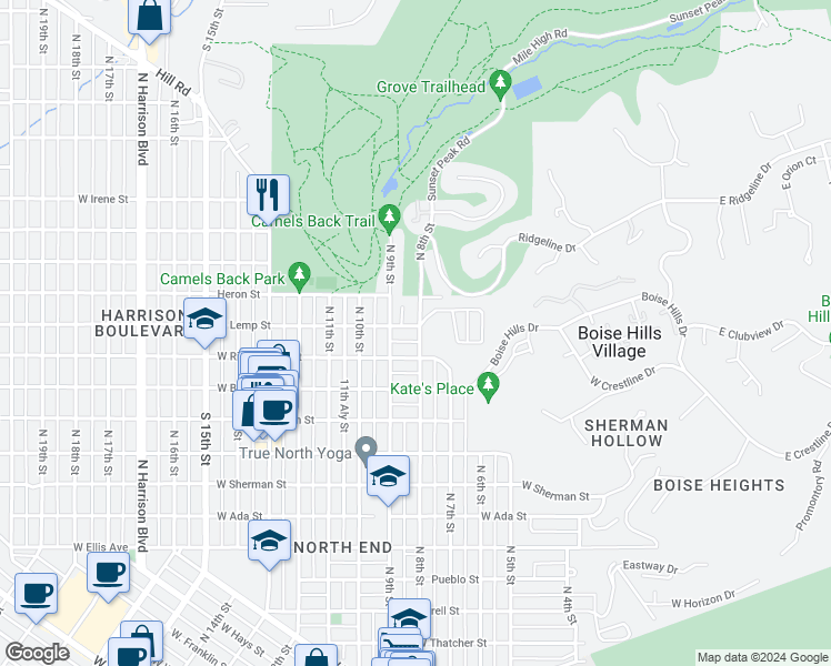 map of restaurants, bars, coffee shops, grocery stores, and more near 2015 North 8th Street in Boise