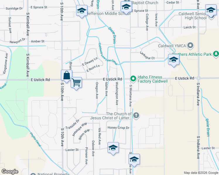 map of restaurants, bars, coffee shops, grocery stores, and more near 4217 Idaho Avenue in Caldwell